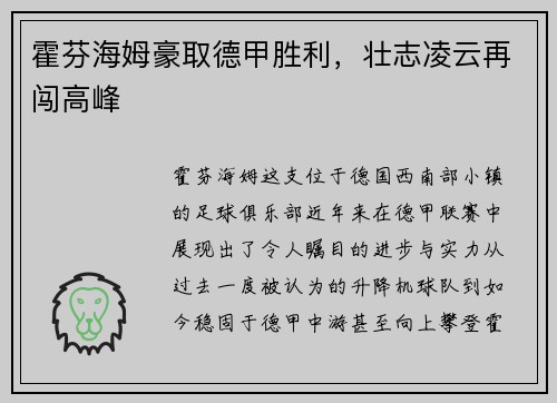 霍芬海姆豪取德甲胜利，壮志凌云再闯高峰